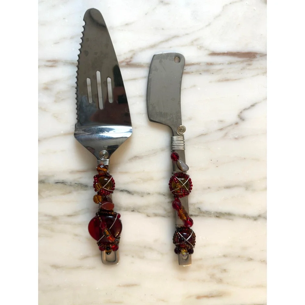 Vintage Faberware Y2K Decorative Beaded Cake Knife & Server Set Red Amber